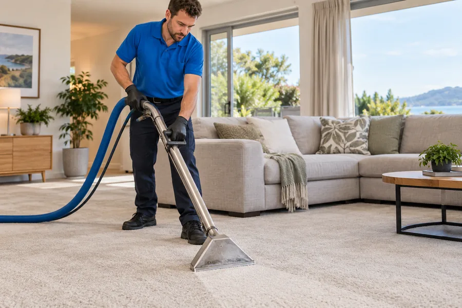 Cleaner using a carpet extraction wand on beige living-room carpet.