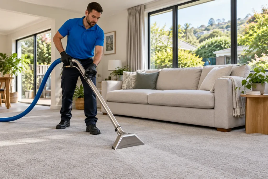 Cleaner using a hot water extraction wand on living-room carpet.