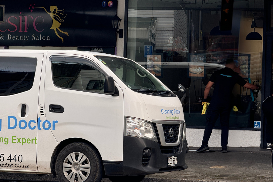 Cleaning Doctor team member at a property entrance beside a branded service van