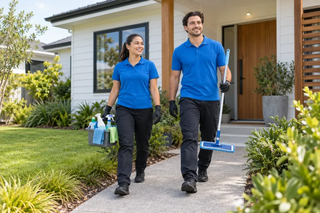 Two cleaners in blue uniforms carrying cleaning supplies outside a modern home.