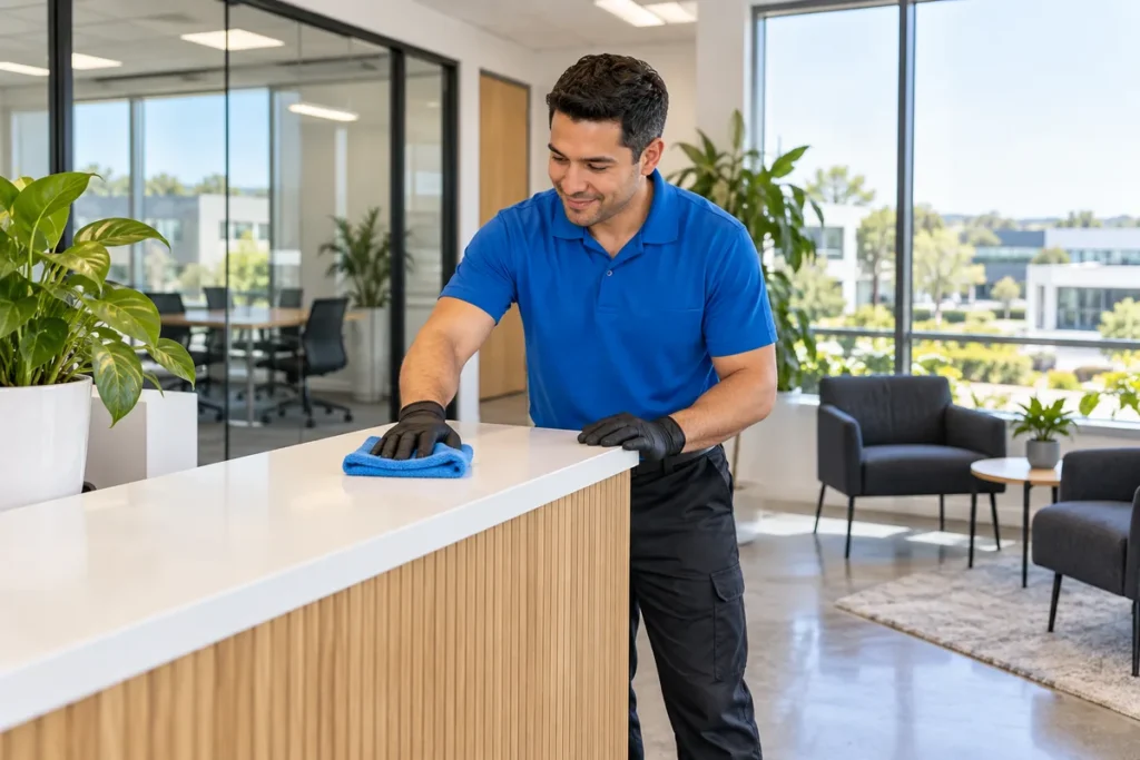 Cleaner wiping an office reception counter with a blue microfibre cloth.