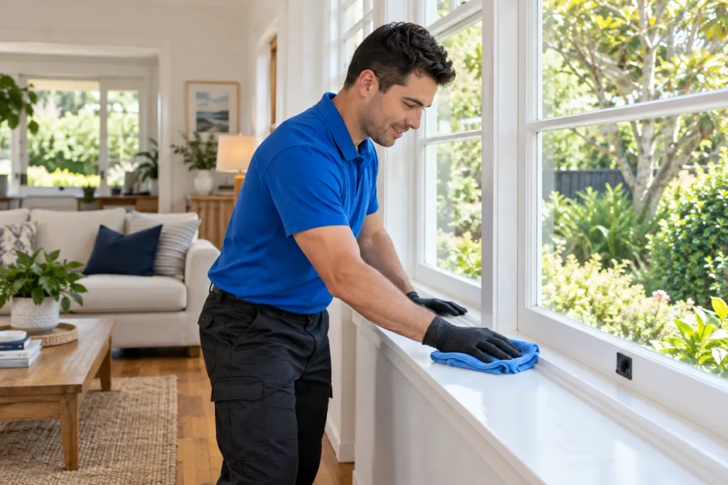 Cleaner wiping a white living-room windowsill with a blue microfibre cloth.