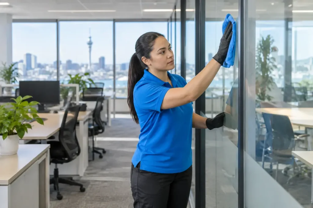 Cleaning Doctor cleaner wiping a glass partition in an Auckland office