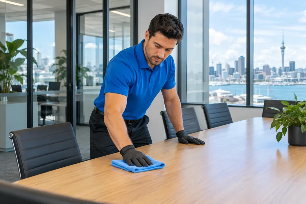 Cleaner in a blue polo wiping an office meeting table with a blue microfibre cloth.