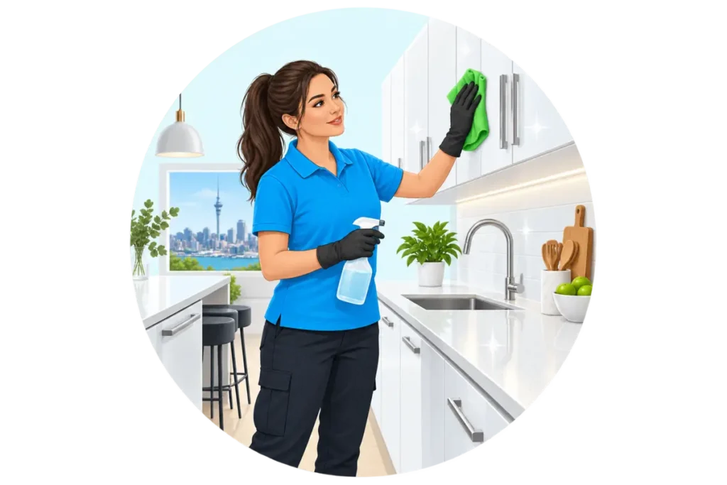 Cleaning Doctor cleaner wiping kitchen cabinets during a deep clean in an Auckland home