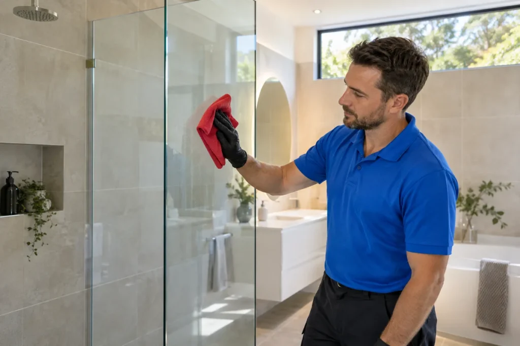 Cleaner in a blue polo wiping shower glass with a red microfibre cloth.