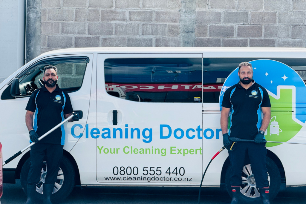 Harvinder Singh with the Cleaning Doctor Auckland team and service van