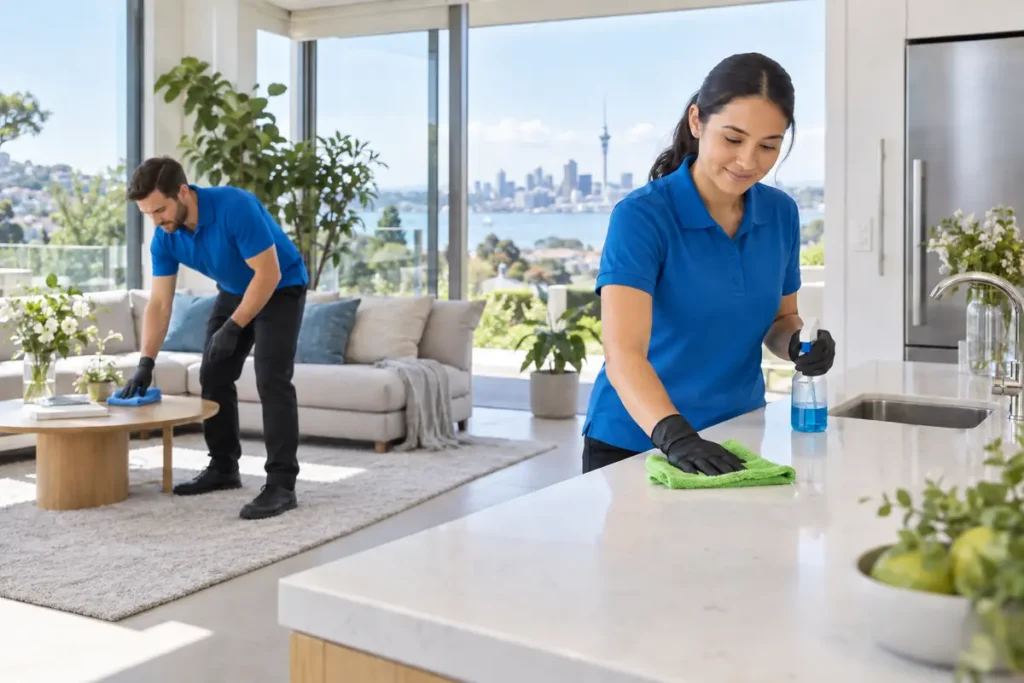Professional house cleaning team cleaning a modern Auckland home