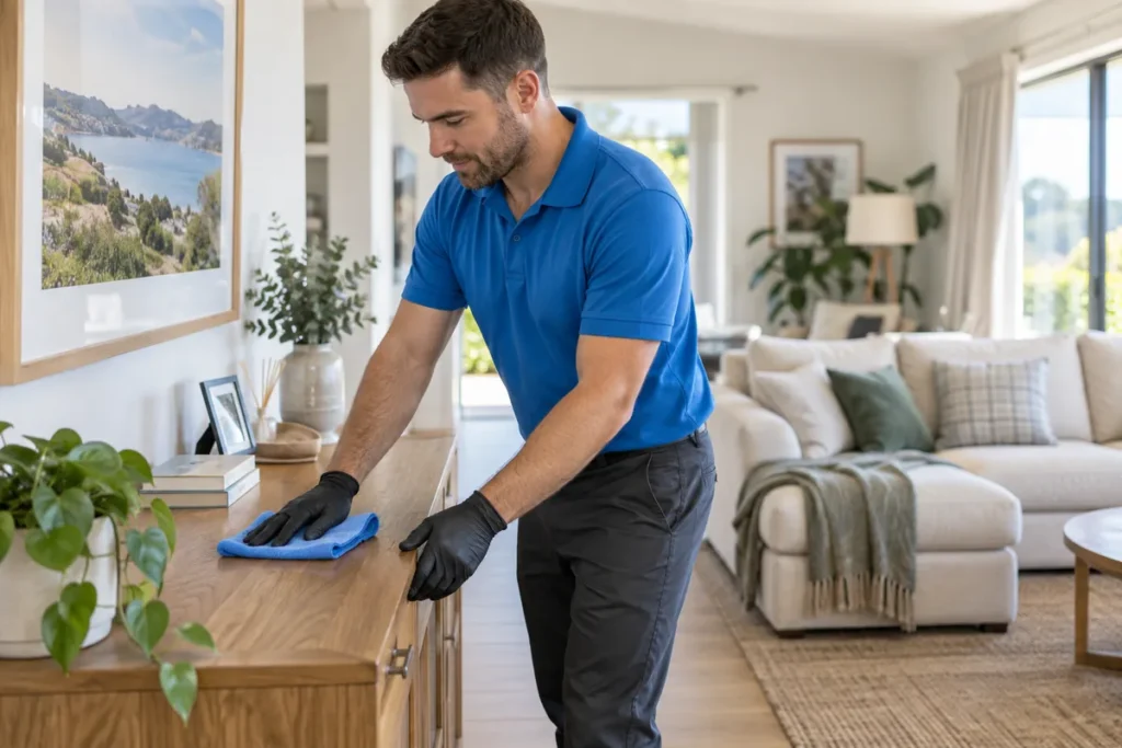 Cleaner wiping an oak sideboard with a blue microfibre cloth in a bright living room.