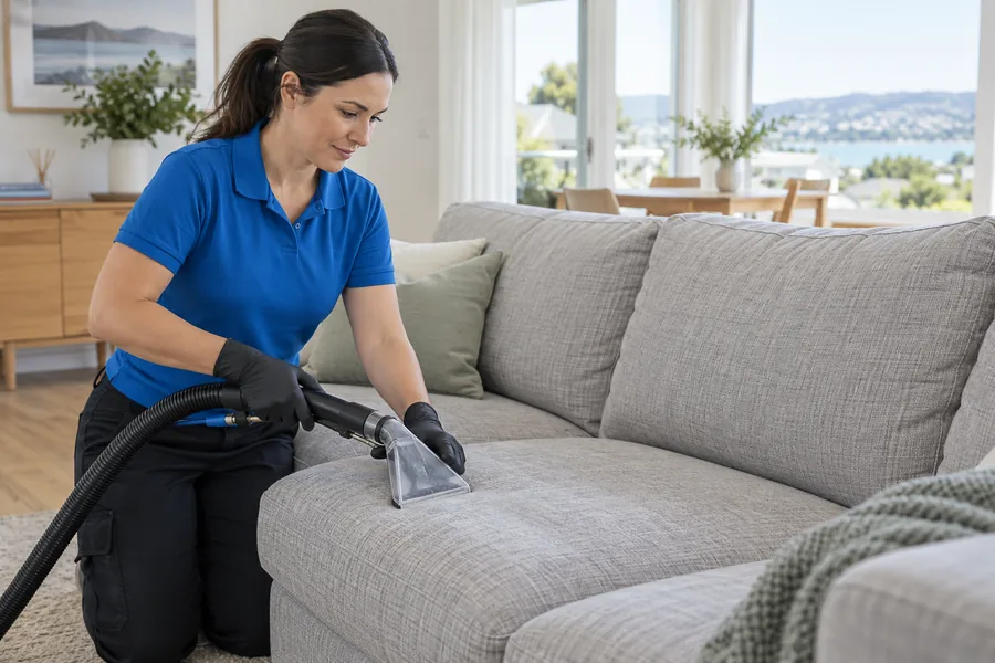 Cleaner using an upholstery extraction tool on a grey fabric sofa.