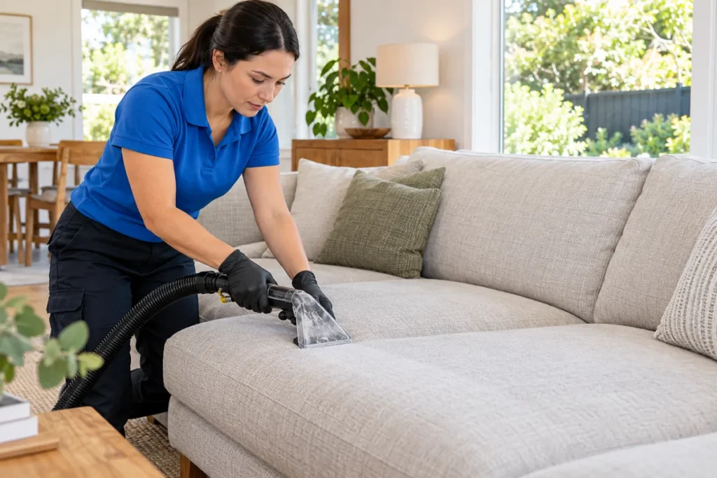 Cleaner using an upholstery extraction tool on a light fabric sofa.