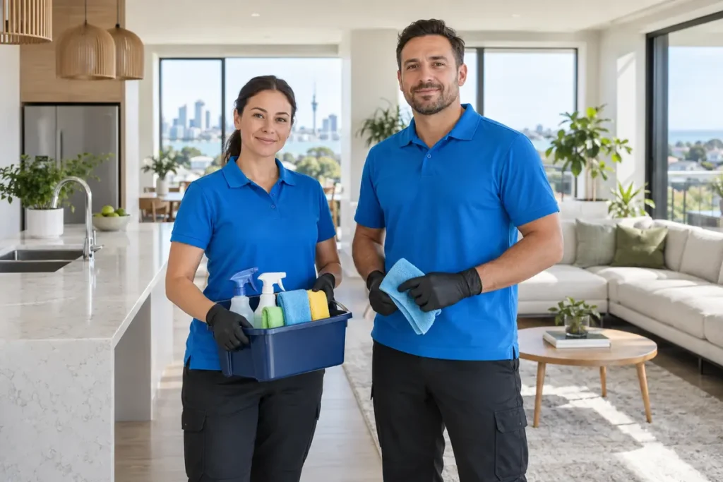 Two trained Cleaning Doctor cleaners standing with cleaning supplies in an Auckland home