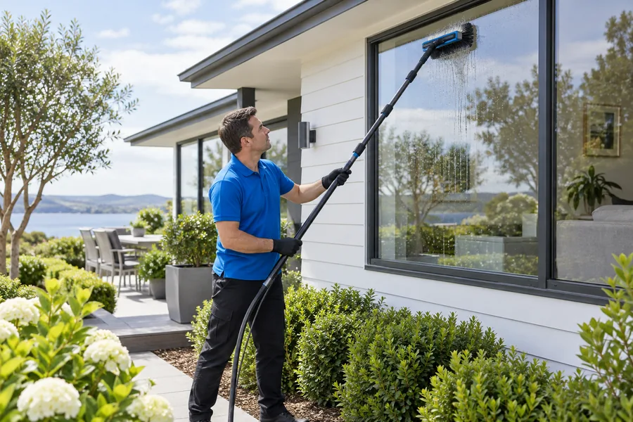 Cleaner washing exterior house windows with a water-fed pole.