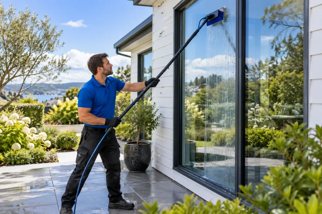 Cleaner washing exterior house windows with a water-fed pole and brush.